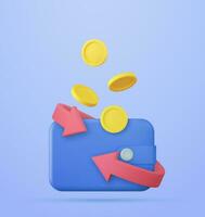 devolución de dinero en billetera icono concepto. flotante con flecha débito ,crédito tarjeta Finanzas compras en línea pagos intercambio. 3d representación. vector ilustración