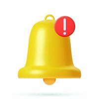 3d render Yellow notification bell icon with new urgent message isolated on white background. Social media notice event reminder. concept of notification message. Vector illustration