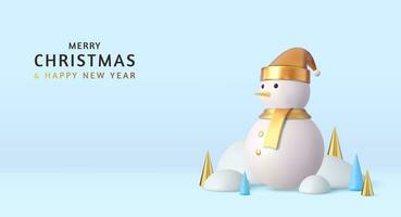 3d Merry Christmas and Happy New Year background. 3d white snowman cute winter character, Holiday Greeting card, banner, web poster. 3d rendering. Vector illustration