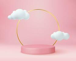 3d pink rendering with podium and cloud white scene. Stage 3d render in cloud product platform. mock up geometry shape podium for product display with empty space. Vector illustration