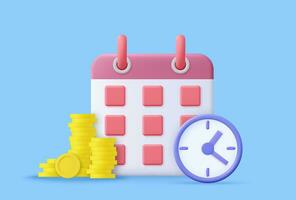 3d hora es dinero concepto, tiempo valor de dinero, pago fecha límite dinero ahorros. Temporizador o reloj con un montón de préstamo o crédito efectivo y calendario fecha. 3d prestar. vector ilustración