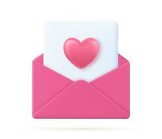 3d Render Valentine day envelope with heart. love heart in letter message on white background. Symbol of Valentine's day. Giving love mail. Vector illustration