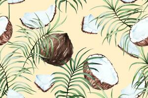 Seamless pattern of coconut, palm leaves and tropical plant painted in watercolor.For fabric and wallpaper designs from the forest.Natural Vantage Pattern Background. vector