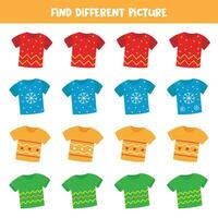 Find different colorful tshirt in each row. Logical game for preschool kids. vector