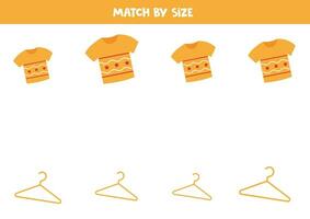 Matching game for preschool kids. Match cartoon yellow t shirts and hangers by size. vector