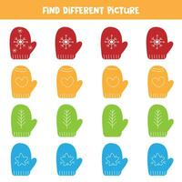 Find different colorful mitten in each row. Logical game for preschool kids. vector