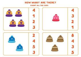 Count all cartoon winter caps and circle the correct answers. vector