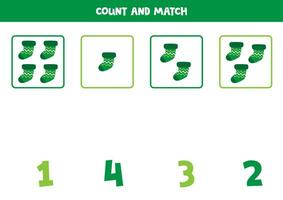 Counting game for kids. Count all green socks and match with numbers. Worksheet for children. vector