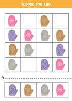 Educational Sudoku game with cute cartoon colorful mittens. vector