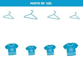 Matching game for preschool kids. Match cartoon blue t shirts and hangers by size. vector