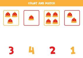 Counting game for kids. Count all red winter caps and match with numbers. Worksheet for children. vector