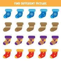 Find different colorful sock in each row. Logical game for preschool kids. vector