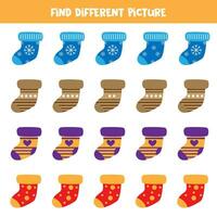 Find different colorful sock in each row. Logical game for preschool kids. vector