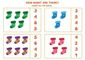 Count all cartoon winter  socks and circle the correct answers. vector