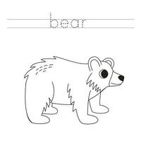 rastro el letras y color dibujos animados oso pardo oso. escritura práctica para niños. vector