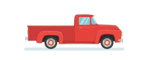 Old farmer red retro pickup truck isolated on white background. Vintage transport vehicle. Farming workhorse. Vector illustration in flat style