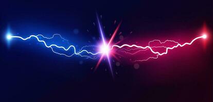 Lightning collision. Powerful colored lightnings, electric forces thunderbolt clash electrical energy sparkling blast, vector versus bright design confrontation concept