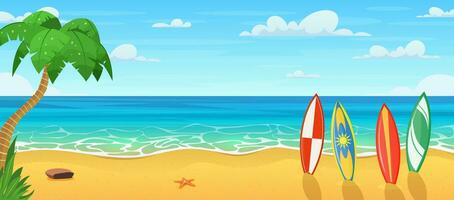 Summertime on the beach with many surfboards. cartoon Palms and plants around. Summer vacation on sea coast. Tropical paradise sandy beach, palm trees and sea. Vector illustration in flat style