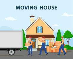 Delivery service concept. moving house. Man with cardboard boxes. Truck for transportation of goods loaded with cardboard boxes. Delivery truck with a bunch of boxes. Vector illustration in flat style