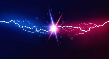 Lightning collision. Powerful colored lightnings, electric forces thunderbolt clash electrical energy sparkling blast, vector versus bright design confrontation concept