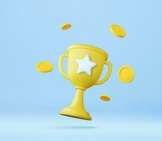 3d Champion trophy, gold cup and money coin icon. Winner prize, sport award, success concept. 3d champions rewards ceremony concept with ranking style. 3d rendering. Vector illustration