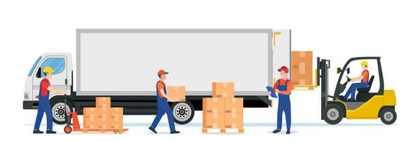 Forklift loading pallet boxes into truck. Warehouseman with checklist. Electric uploader loading cardboard boxes in delivery car. Logistic shipping cargo. Vector illustration in flat style