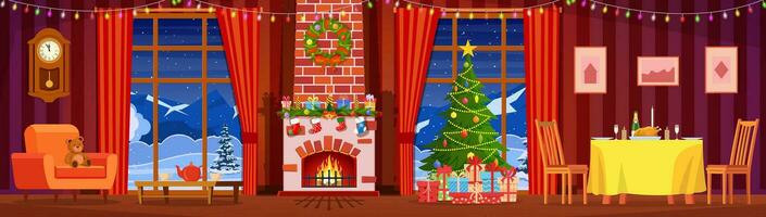 Festive interior of living room, new year. Christmas tree, festive table,gifts above fireplace for new year,beautiful furniture, fireplace, Christmas wreath, decorations. Vector illustration