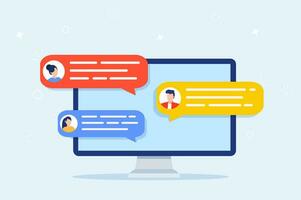 Computer online chat notices. desktop pc with chatting bubble notifications, concept of people messaging on internet, on-line communication. Vector illustration in flat style