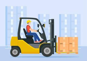 Yellow forklift truck with driver. electric uploader. Delivery, logistic and shipping cargo. Warehouse and storage equipment. Vector illustration in flat style