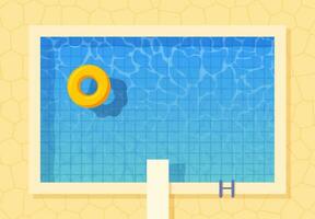 Swimming pool top view with inflatable ring and springboard jump. poster template for summer holiday. Hello summer web banner. Vector illustration in flat style