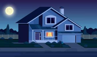 Street in suburb district with residential house at night. cartoon landscape with suburban cottage. City neighborhood with real estate property. Vector illustration in a flat style