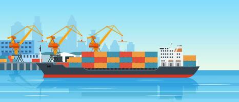 Cargo ship loading in city port. Cranes on dockside, pier unloading shipping containers from freight vessel to shore. Vector illustration in flat style