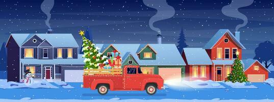 residencial casas con Navidad decoración a noche. Navidad paisaje tarjeta diseño de retro coche con caja de regalo y Navidad árbol. vector ilustración