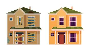 Abandoned house. Home renovation. House before and after repair. New and old suburban cottage. Vector illustration in a flat style