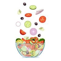 fresh Greek salad with greek olives, cucumbers, tomatoes, onion, feta cheese. Vegetarian salad in a transparent salad bowl object isolated on a white background. vector illustration in flat design