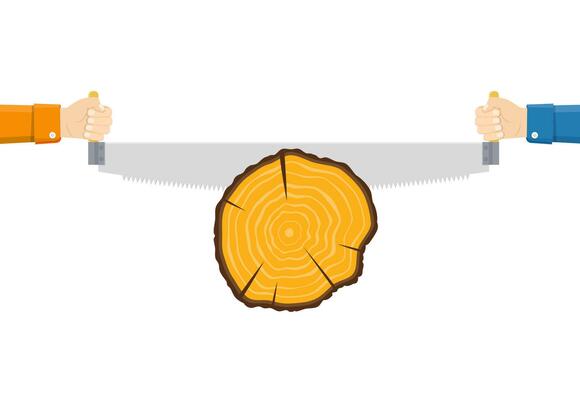 Two men sawing wood. Carpenters with saw in his hand. Carpentry work. Wood sectional. Cross section of tree. vector illustration in flat design