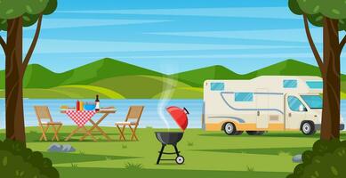 Camper with barbecue folding table deckchair. Summer camping. Outdoor nature adventure, active tourism in summertime background. vector