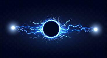 Powerful electrical round discharge hitting from side to side realistic vector illustration isolated on black background. Blazing lightning circle strike in darkness Electric energy flash light effect