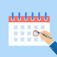 Calendar date circled of hand man. Circled appointment of calendar date of marker. Mark holiday on the calendar. Schedule of plan deadline. Vector illustration in flat style