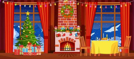 festivo interior de vivo habitación, nuevo año. Navidad árbol, regalos encima hogar para nuevo año, festivo mesa, chimenea, Navidad guirnalda, decoraciones dibujos animados plano vector ilustración