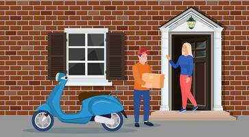 Man left cardboard boxes with goods near house facade. Courier character holds parcel. Carton delivery packaging closed box. Free and fast shipping. Vector illustration in flat style