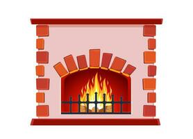 cartoon Winter interior bonfire. Classic fireplace made of red bricks, bright burning flame and smoldering logs inside. Home fireplace for comfort and relaxation. Vector illustration in flat style