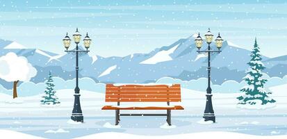 cartoon Winter city park with wooden bench, lanterns and mountain. Christmas landscape background with snow and tree. Vector illustration in flat style