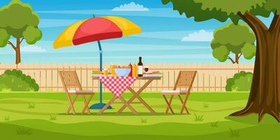 Barbecue party in the backyard with fence, trees, bushes. picnic with barbecue on summer lawn in park or garden food on table, chairs and umbrella. vector illustration in flat design