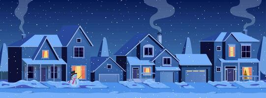 Urban or suburban neighborhood at night cartoon winter landscape street with snow on roofs, houses with lights. Vector illustration in a flat style