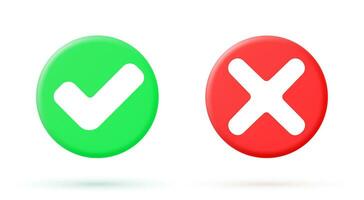 Green tick check mark and cross mark symbols icon element, Simple ok yes no graphic design, right checkmark symbol accepted and rejected, 3D rendering. Vector illustration