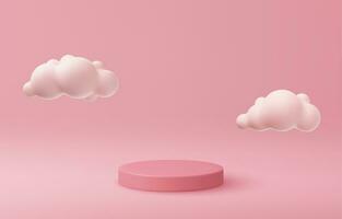 3d rosado podio y mínimo nube blanco escena, cielo y cielo concepto para producto promoción con Copiar espacio. tubo pedestal minimalista de moda modelo. 3d hacer Bosquejo vector ilustración.