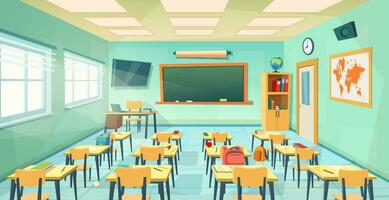 Empty school classroom cartoon . Back to school design template. Education concept. college or university training room with chalkboard, table, desks, chairs. Vector illustration in a flat style