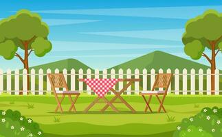 House backyard with green grass lawn, trees and bushes. Cartoon table and chairs garden modern furniture. Outdoor area for BBQ summer parties. Patio area. Vector illustration in flat style