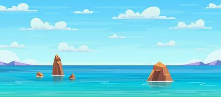 Ocean or sea water with waves and clouds in sky, summer blue seascape with cloudy sky and seaside panorama. Sea landscape with stones in water and clouds in blue sky. Vector illustration in flat style